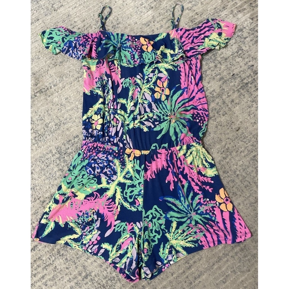 Lilly Pulitzer Klea Romper Indigo All‎ a Glow Off The Shoulders S 4 / 6 COVERUP